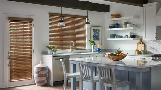 Alta faux wood commercial blinds in neutral office setting